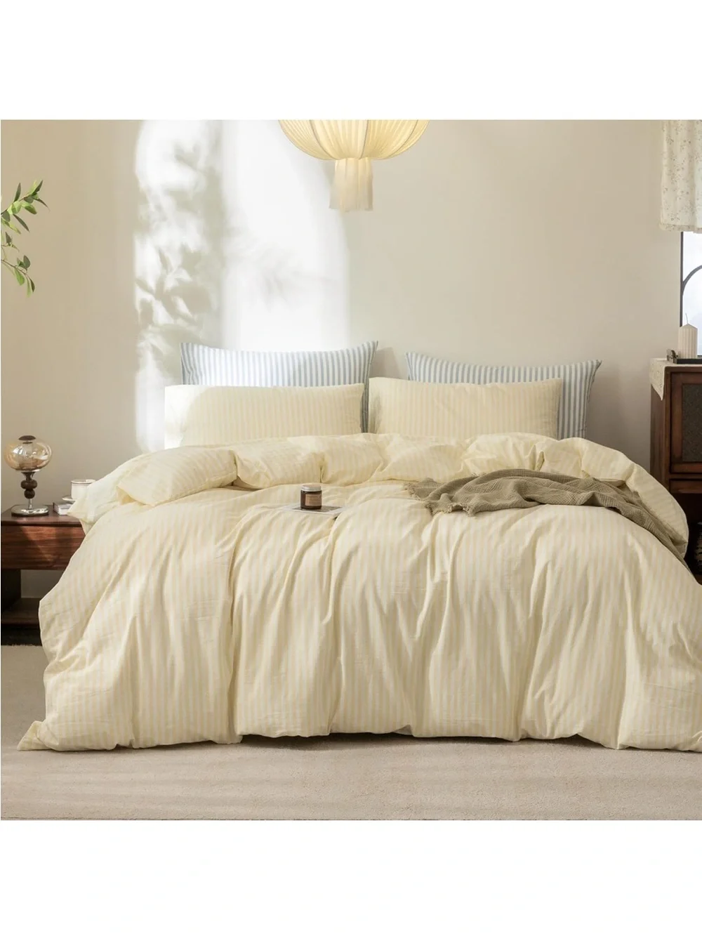 NEW FOSSA 100% Washed Cotton Striped Duvet Cover Set. Linen-Like. Pale Yellow